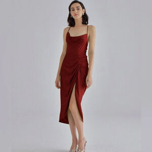 NWT Silk Maison Tranquil Green ruched Midi Dress satin Copper brown neutral silk